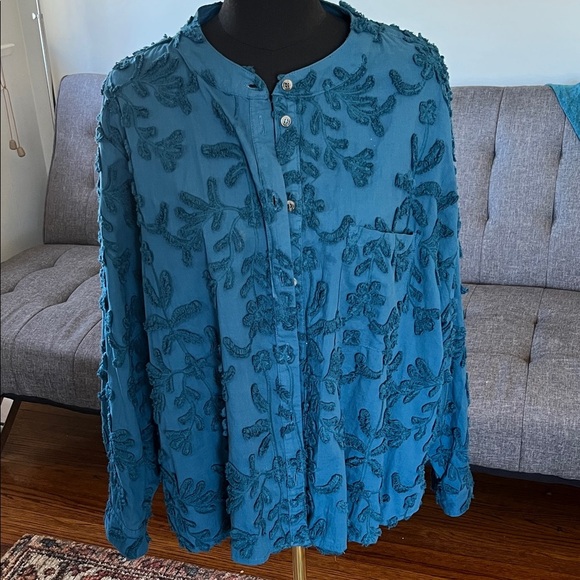 Anthropologie Tops - Anthropologie Pilcro Teal Button-Up with Embroidery size XL